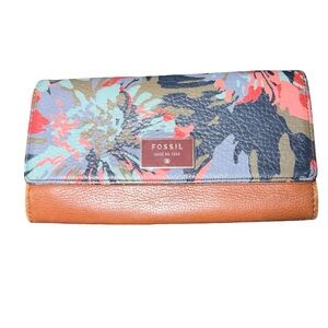Fossil Brown Leather Floral Boho Tri-Fold Wallet 4.5" x 7.25"